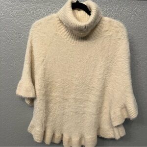Akemi + Kin Falling Snow Fuzzy Ruffled Poncho Sweater One Size Anthropologie